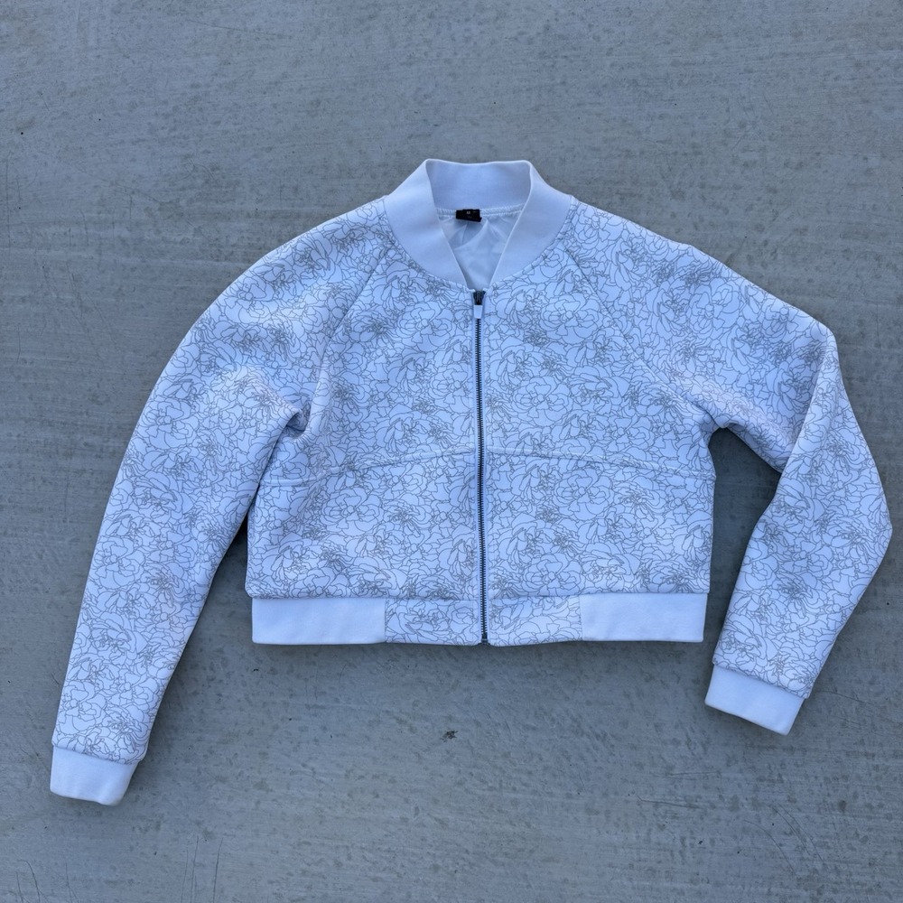 BALANCE ATHLETICA Vitality White Floral Flight Bomber Intensity Jacket Cropped M